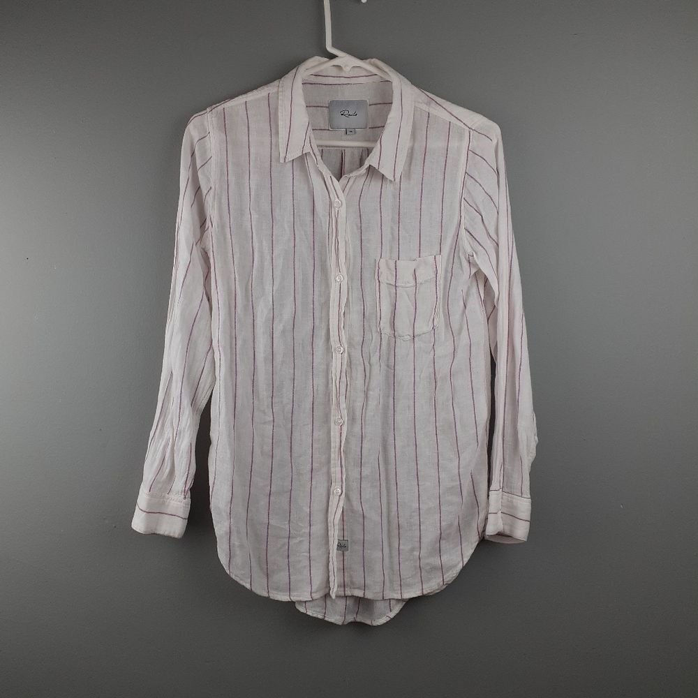 Rails Charli Mixed‎ Stripe Linen Blend Beachy Button-Down Top Purple Whit…